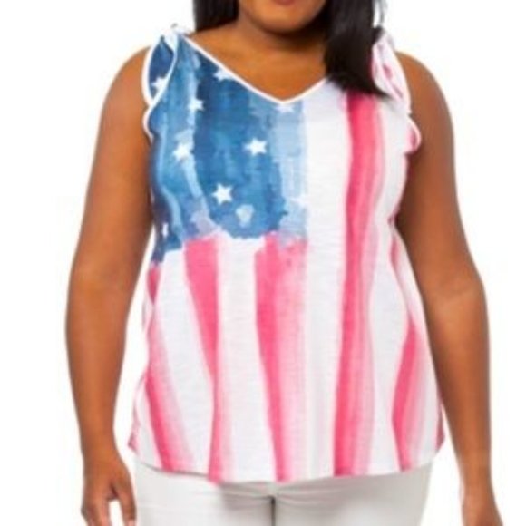 🆕 Cherokee Plus Size Shoulder Tie US Flag Graphic Tank Top 3XL NWT! - Picture 1 of 9